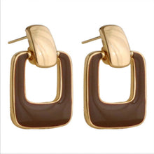 Load image into Gallery viewer, Golden Enamel Square Geometric Drop Earrings