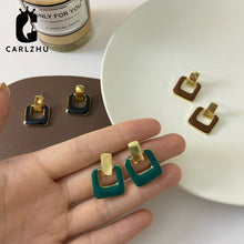 Load image into Gallery viewer, Golden Enamel Square Geometric Drop Earrings
