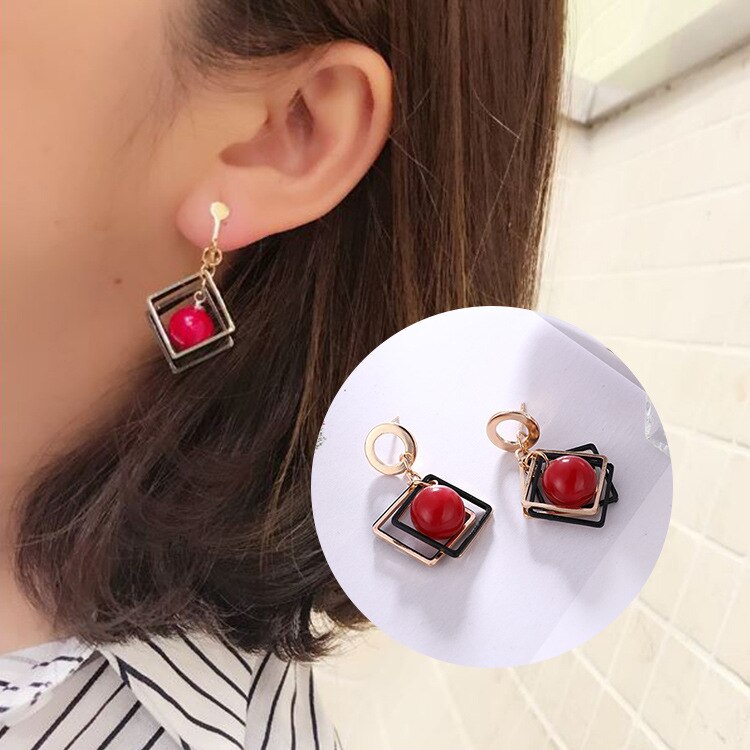 Hollow Square Pentagram Red Pearl Statement Earrings