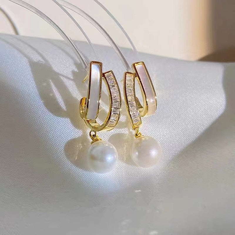 Zircon Shell Pearl Tassel Golden Earrings