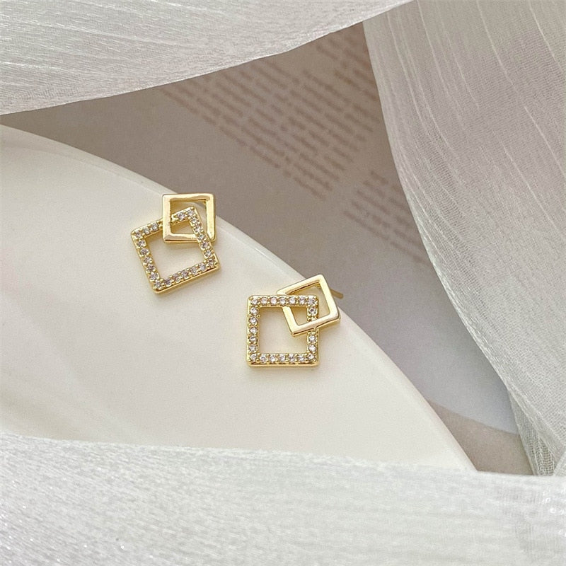 Double-layers Hollow Rhombus Golden Stud Earrings