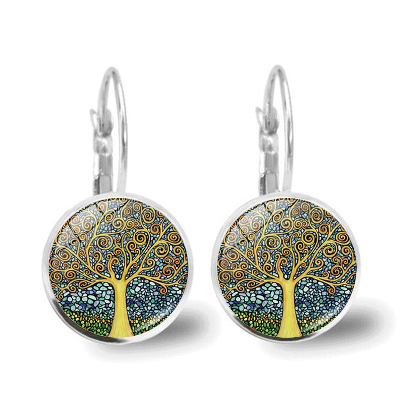 Tree of Life Glass Cabochon Fashion Earrings