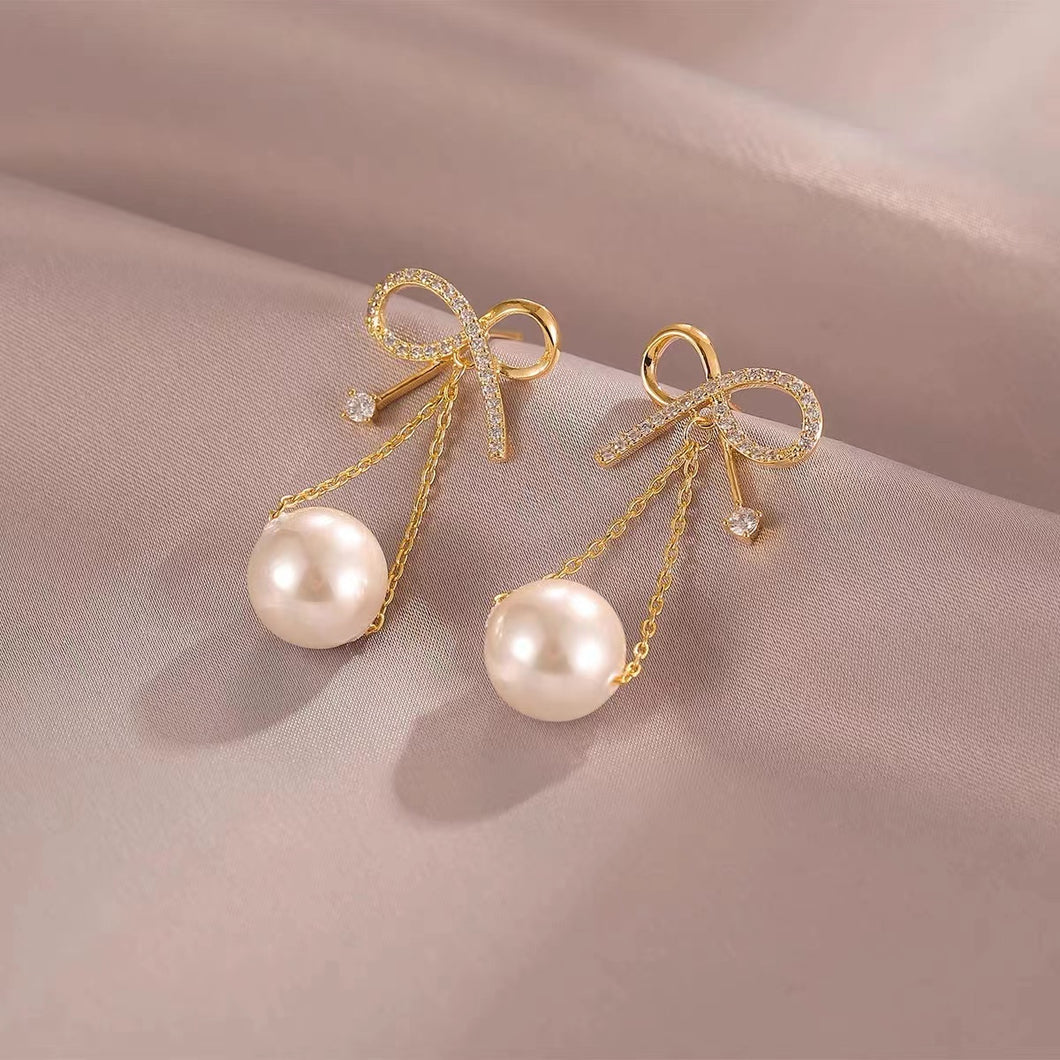 925 Silver Romantic Bow Pearl Tassel Earrings