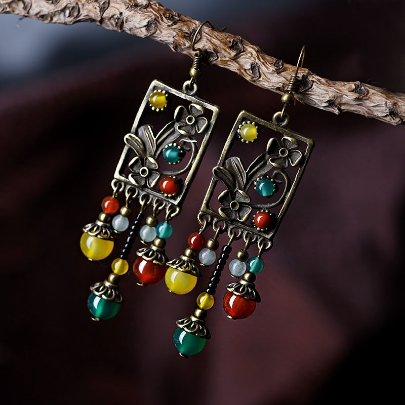 Ethnic stone beads multi-color earrings
